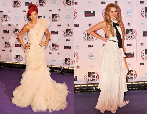 Rihanna in Marchesa and Miley Cyrus in Chanel at the MTV EMAs 2010